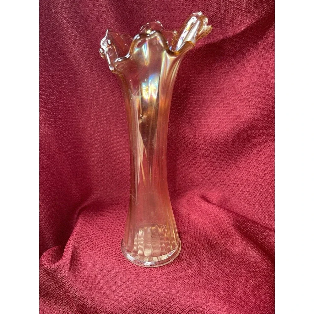 Iridescent Carnival Glass Vase, Ruffled Edge, Clear Gold, ~12 in Tall